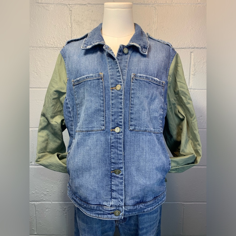 Anthropology Pilcro Denim Army Khaki Green Jean Jacket Women's Size Large - Picture 11 of 11